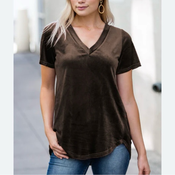 Amaryllis soft & shimmery stretch velvet v-neck loose tee with hi-lo hem. Size M - Picture 1 of 9